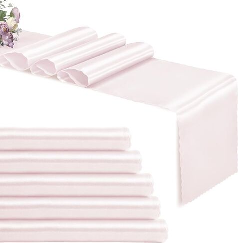 Set of 5 White Satin Table Runners, 12" x 108" Long Bright & Smooth Table Runner with Scalloped Edges, Satin Table Cloth Table Runner Decor for Wedding, Party, Banquet in Saudi Arabia
