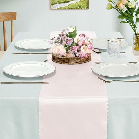 Set of 5 White Satin Table Runners, 12" x 108" Long Bright & Smooth Table Runner with Scalloped Edges, Satin Table Cloth Table Runner Decor for Wedding, Party, Banquet in Saudi Arabia