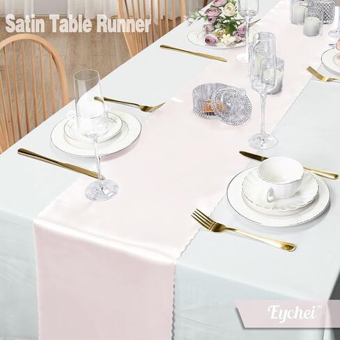 Set of 5 White Satin Table Runners, 12" x 108" Long Bright & Smooth Table Runner with Scalloped Edges, Satin Table Cloth Table Runner Decor for Wedding, Party, Banquet in Saudi Arabia