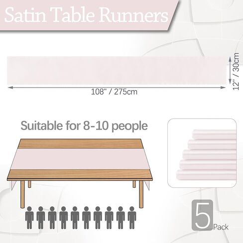 Set of 5 White Satin Table Runners, 12" x 108" Long Bright & Smooth Table Runner with Scalloped Edges, Satin Table Cloth Table Runner Decor for Wedding, Party, Banquet in Saudi Arabia