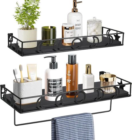 Y&ME YM Black Floating Shelves with Towel Rack - Set of 2 Bathroom Shelves Wall Mounted Hanging, Wood Floating Decorative Shelves for Stylish Storage in Bathroom, Kitchen, Living Room & Bedroom in Saudi Arabia