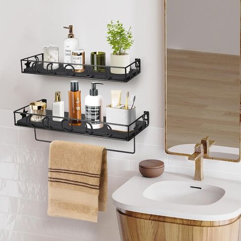Y&ME YM Black Floating Shelves with Towel Rack - Set of 2 Bathroom Shelves Wall Mounted Hanging, Wood Floating Decorative Shelves for Stylish Storage in Bathroom, Kitchen, Living Room & Bedroom in Saudi Arabia
