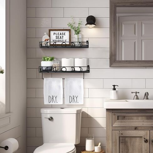 Y&ME YM Black Floating Shelves with Towel Rack - Set of 2 Bathroom Shelves Wall Mounted Hanging, Wood Floating Decorative Shelves for Stylish Storage in Bathroom, Kitchen, Living Room & Bedroom in Saudi Arabia