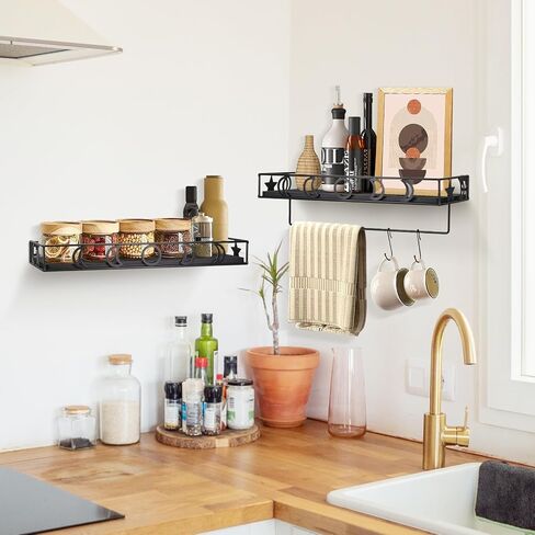 Y&ME YM Black Floating Shelves with Towel Rack - Set of 2 Bathroom Shelves Wall Mounted Hanging, Wood Floating Decorative Shelves for Stylish Storage in Bathroom, Kitchen, Living Room & Bedroom in Saudi Arabia