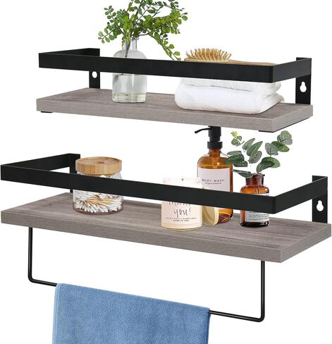 Y&ME YM Black Floating Shelves with Towel Rack - Set of 2 Bathroom Shelves Wall Mounted Hanging, Wood Floating Decorative Shelves for Stylish Storage in Bathroom, Kitchen, Living Room & Bedroom in Saudi Arabia