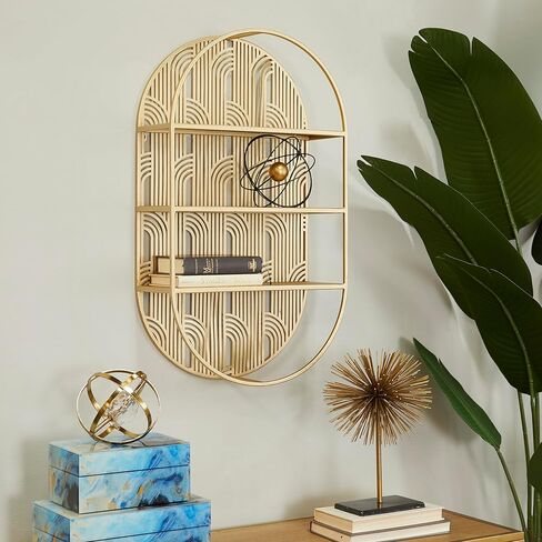 رف جداري CosmoLiving من Cosmopolitan معدني هندسي بيضاوي 3 مستويات بنمط قوس، 40.64 سم × 15.24 سم × 71.12 سم، ذهبي in Saudi Arabia