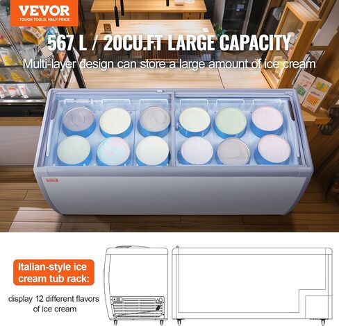 VEVOR Commercial Ice Cream Display Case, 5.4 Cu.ft Chest Freezer, Mobile Glass Top Deep Freezer, Restaurant Gelato Dipping Cabinet with 2 Wire Baskets, 2 Sliding Glass Doors, Locking Casters, White in Saudi Arabia