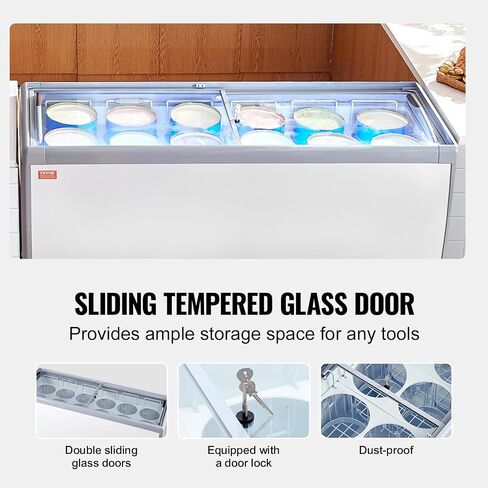 VEVOR Commercial Ice Cream Display Case, 5.4 Cu.ft Chest Freezer, Mobile Glass Top Deep Freezer, Restaurant Gelato Dipping Cabinet with 2 Wire Baskets, 2 Sliding Glass Doors, Locking Casters, White in Saudi Arabia