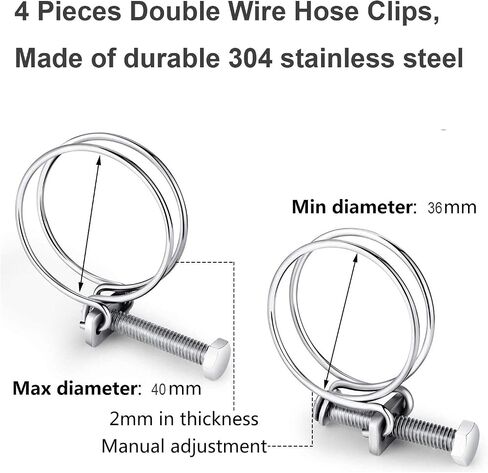 4 Pcs Double Wire Hose Clips Adjustable 304 Stainless Steel Hose Clamps Pond Hose Joint to Fit 36-40mm/ 1.41-1.57 inch Pipe in Saudi Arabia