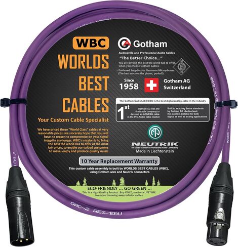 أفضل الكابلات في العالم بطول 3 أقدام - Gotham GAC-2 AES/EBU (أرجواني) - منخفض الخسارة، 2xCore 2xShielded كابل صوت رقمي وتناظري متوازن مع مقابس Neutrik Gold ذكر إلى أنثى XLR - مصنوع حسب الطلب in Saudi Arabia