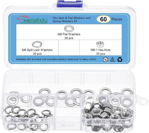 Hex Nuts Assortment Kit (M6-1 Hex Nuts with M6 Flat Washers & Split Lock Washers) 60Pcs, 304 Stainless Steel Hexagon Nut Hardware Kit in Saudi Arabia