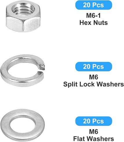 Hex Nuts Assortment Kit (M6-1 Hex Nuts with M6 Flat Washers & Split Lock Washers) 60Pcs, 304 Stainless Steel Hexagon Nut Hardware Kit in Saudi Arabia