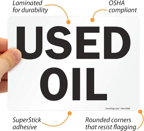 SmartSign (Pack of 4) 5 x7 inch “Used Oil" Sticker Labels, Digitally Printed, 5 mil Laminated Polyester with SuperStick Adhesive, Black and White in Saudi Arabia