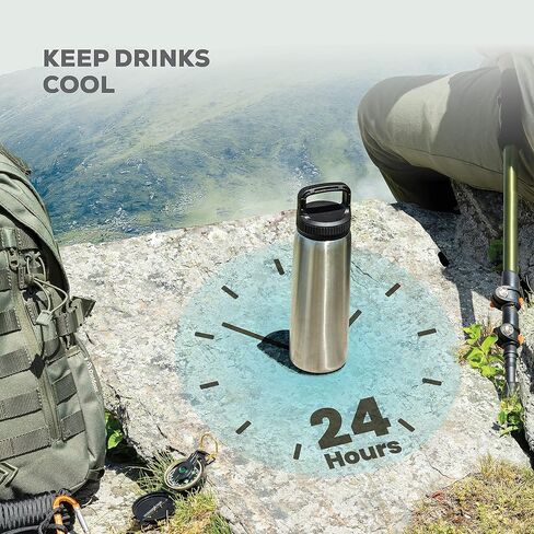 FineDine Triple Walled, Insulated Water Bottles with Straw - 25 Oz Stainless Steel Metal Bottle W/ 3 Leak Proof Lids - For Travel, School, Sports, Gym / Men, Women & Kids - Army Green in Saudi Arabia