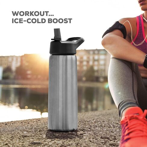 FineDine Triple Walled, Insulated Water Bottles with Straw - 25 Oz Stainless Steel Metal Bottle W/ 3 Leak Proof Lids - For Travel, School, Sports, Gym / Men, Women & Kids - Army Green in Saudi Arabia