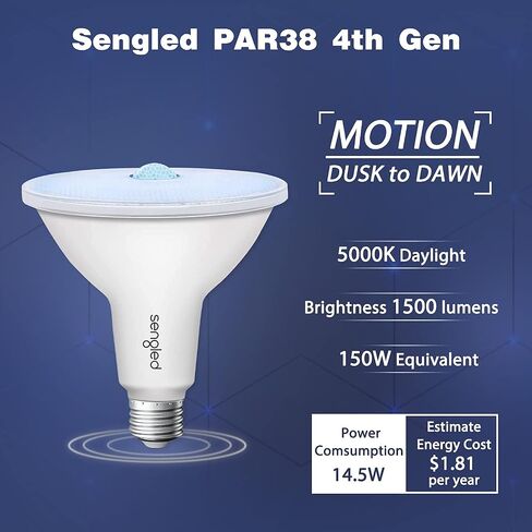 Sengled Motion Sensor Light Bulbs, Outdoor Flood Light Bulbs Motion Activated, PAR38 Led Porch Lights with Dusk to Dawn Sensor, Waterproof, 3000K Warm White, 1500LM, 2 Pack in Saudi Arabia