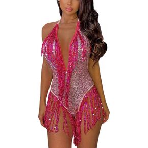 RARITYUS Women's Sparkly Sequin Swimsuit Rave Outfit Sexy Plunging Backless Bodysuit Glitter Fringed Bathing Suit Clubwear