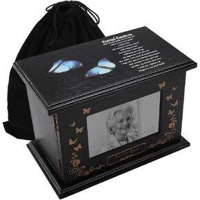 Cremation Urns for Human Ashes, Wooden Urns Box with Picture Frame, Funeral Memorial Urns for Adult Male Female, Decorative Urn Burial Urn with Velvet Bag, Holds Up to 200 LBS (Black-Hummingbird)