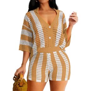 KANSOON Short Sets for Women 2 Piece Knit Crochet Color Block Half Sleeve Button Shirt and Shorts Summer Outfit