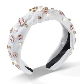 Sport Yellow Softball Headband for Women Sparkly Crystal Softball Charm Embellished Wide Knotted Headband for Women Game Day Top Knot Hairband Softball Mom Accessories Gift for Sports Fans(White)