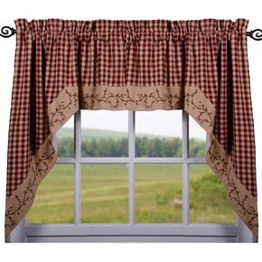 Primitive Home Decors Berry Vine Check Barn Red 72" Wide x 36" Long Cotton Lined Curtain Swag