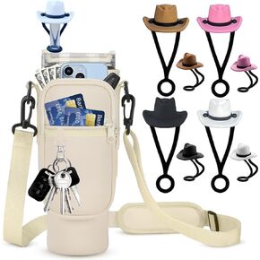 Water Bottle Holder With Strap For Stanley 40 Oz Tumbler,Stanley Cup Holder With Strap With Phone Pocket,Stanley Cup Carrier With 4 Pack Silicone Cowboy Hat Straw Cover,Tumbler Stanley Cup Accessories