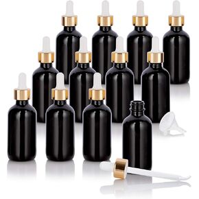 JUVITUS 2 oz Black Glass Luxury Boston Round Bottle with Gold Dropper (12 Pack) + Funnel