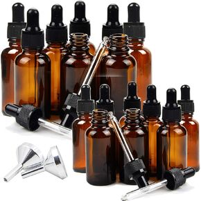 Youngever 16 Amber Glass Dropper Bottles for Essential Oil, 8 Pack (1 Ounce) Amber Bottles With Glass Eye Dropper, 8 Pack (2 Ounce) Amber Bottles With Glass Eye Dropper, 2 Stainless Steel Mini Funnels