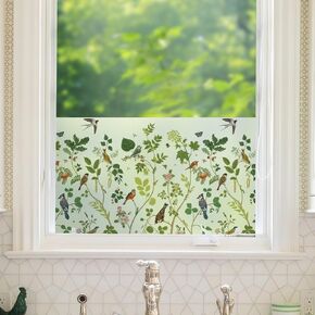 Window Film Roll, Botanical Flower Pattern, Frosted Privacy Film, Horizontal Use, No Adhesive Needed (04, 35.4'' x 78.7'')