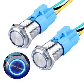 1Pc 22mm Momentary Push Button Switch 12V 24V DC LED Indicator Waterproof Anti-vandal Stainless Steel case 7/8" Mounting Hole 1NO1NC (ON)-OFF with Wire Plug Socket (Halo Ring Blue Light)