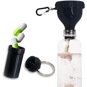 Protein Powder Container to Go Funnel with Aluminium Alloy Mini Pocket Pill Box and Carabiner Clip Supplement Funnel with Cap for Water Bottle Pre Workout Gym Mini Travel Funnels Shaker Cup