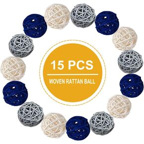15PCS Mixed Blue Gray White Wicker Rattan Ball Wedding Christening Baby Shower Nursery Mobiles Decoration (Blue Gray White)