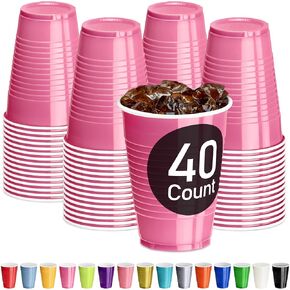DecorRack Light Pink Plastic Cups, 12 oz Disposable Cups, Reusable Party Supplies (40 Count)