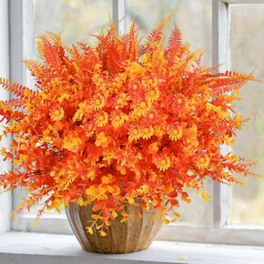 16 Bundles Artificial Fall Flowers for Outdoors, Faux Plants and Daisy for Outside Home Planter Front Porch Window Box Yard Autumn Decoration,Orange