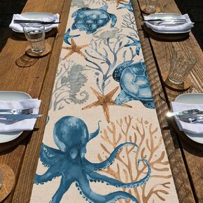 Seliem Summer Octopus Turtle Starfish Coral Coastal Table Runner, Under The Sea Home Kitchen Dining Teal Marine Life Decor, Ocean Creature Nautical Beach Decorations Indoor Outdoor Party Supply 13x36