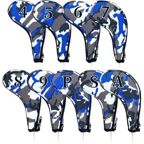Golf Club Camo Zipper Iron Head Covers 9Pcs/Set with No. on Both Sides PU Leather Headcovers (Camo Blue/Camo Brown) ﻿