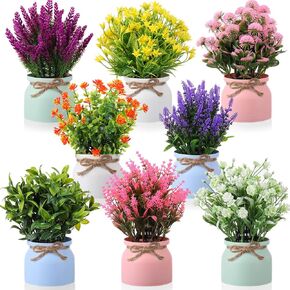 Artificial Potted Flowers Fake Potted Plants Plastic Faux Flowers for Home Decor Indoor Small Artificial Plants in Pots for Wedding Home Desk Tabletop Outdoor Office Kitchen (Fresh Style, 8 Pcs) in Kuwait