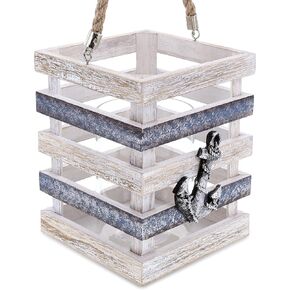 CoTa Global Silver Sea Nautical Hanging Wooden Tealight Candle Holder - Table Top Centerpiece Coastal Decor for Home, Beach House, Rustic Decorative Lantern with Boat Anchor - Handmade Color May Vary