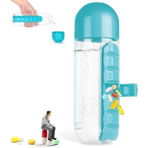 Portable Medicine Box Water Cup,2 in 1 Water Bottle Medicine Box Storage Box,20 oz Daily Sports Water Bottle with Pill Box Organizer 7 Days Capsule Organizer, Blue