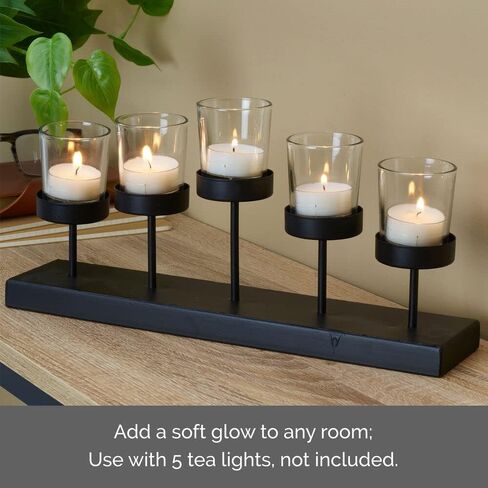 Elements Metal and Glass Arch Tealight Candle Holder, for Use with Flameless or Wax Candles, 14.57x2.56x5.91 Inch, Black in Kuwait
