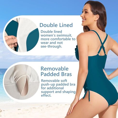 بدلة سباحة نسائية قطعة واحدة مكشكشة ورقبة على شكل حرف V للتحكم في البطن، بدلة سباحة مثيرة للتخسيس in Kuwait