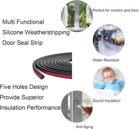الطقس تجريد الباب ختم الشريط D-شكل سيليكون السير الوقائي شريط لاصق ذاتي متعدد الثقوب شريط ختم عازل للصوت لإطار باب النوافذ العازلة 6 أمتار / 19.7 قدمًا (أسود) in Kuwait
