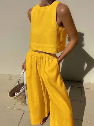 Flamingals Women's Solid Dual Pocket Tank Top & Pants Set Casual Set in Saudi Arabia