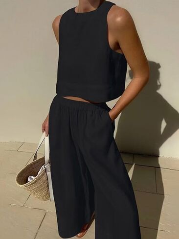 Flamingals Women's Solid Dual Pocket Tank Top & Pants Set Casual Set in Saudi Arabia