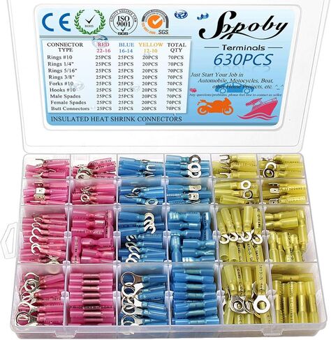 630 قطعة من موصلات الانكماش الحراري، موصلات الأسلاك الكهربائية Sopoby، موصلات مجعدة، مجموعة طرفية سلكية معزولة للسيارات البحرية المقاومة للماء، وصلات بمؤخرة شوكة حلقية in Kuwait