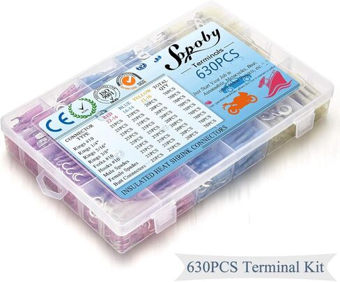 630 قطعة من موصلات الانكماش الحراري، موصلات الأسلاك الكهربائية Sopoby، موصلات مجعدة، مجموعة طرفية سلكية معزولة للسيارات البحرية المقاومة للماء، وصلات بمؤخرة شوكة حلقية in Kuwait