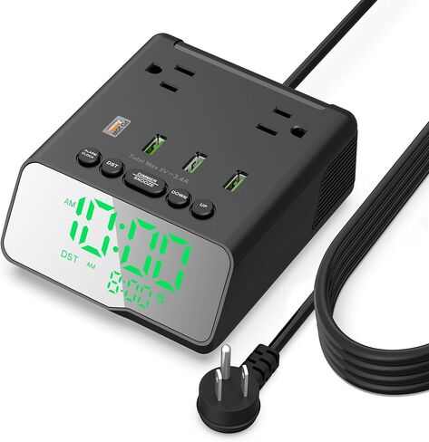 ساعة منبه رقمية QBA مع منافذ USB، واقي التيار الكهربائي 2 منافذ 4 منافذ USB سلك طاقة 6FT، ساعة رقمية LED قابلة للتعتيم لفندق المكتب المنزلي، أسود in Kuwait