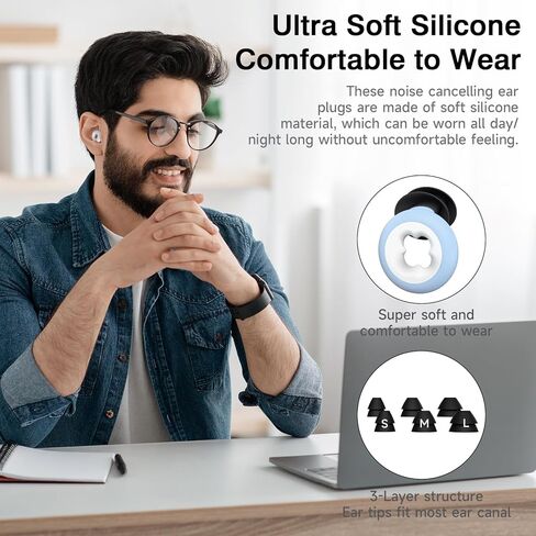 سدادات أذن لإلغاء الضوضاء أثناء النوم، سدادات أذن سيليكون قابلة لإعادة الاستخدام لتقليل الضوضاء - 6 أطراف أذن بمقاس S/M/L - سدادات أذن مانعة للضوضاء 33 ديسيبل للنوم والحفلات الموسيقية والشخير والعمل والسفر باللون الأزرق السماوي in Kuwait