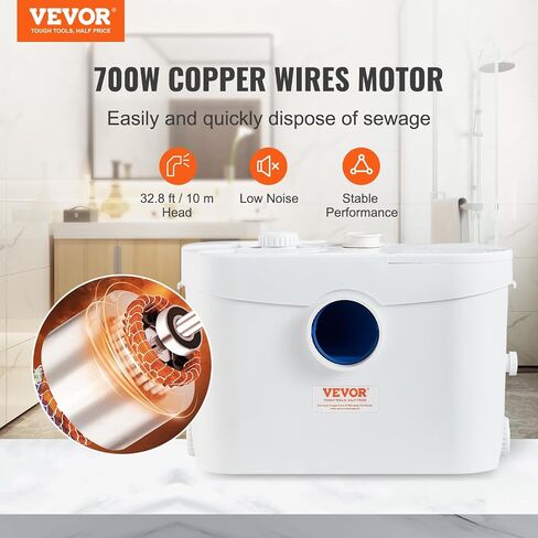 VEVOR Macerator Pump, 700W, 9600 L/h Flow, 32.8 ft/10 m Head, Macerator Sewerage Sump Pump with 3 Water Inlets for Toilet, Basement, Kitchen, Sink, Shower, Bathtub Waste Water Disposal Upflush Machine in Saudi Arabia