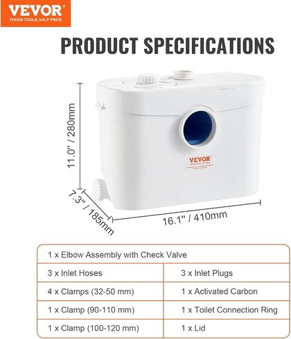 VEVOR Macerator Pump, 700W, 9600 L/h Flow, 32.8 ft/10 m Head, Macerator Sewerage Sump Pump with 3 Water Inlets for Toilet, Basement, Kitchen, Sink, Shower, Bathtub Waste Water Disposal Upflush Machine in Saudi Arabia